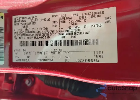 2020 Ford Ranger Xlt from USA, damaged, VIN 1FTER4EH3LLA93519